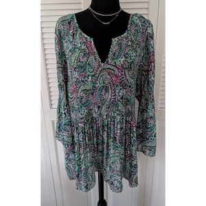 Floral & Ivy Top Women's 2X Boho Micro Pleat Peasant Purple Aqua Paisley Blouse